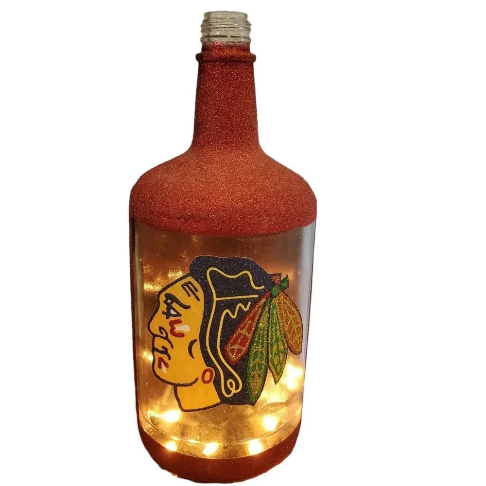 Chicago Blackhawks Inspired Hand Painted Lighted Bottle Glass ManCave Hockey 12